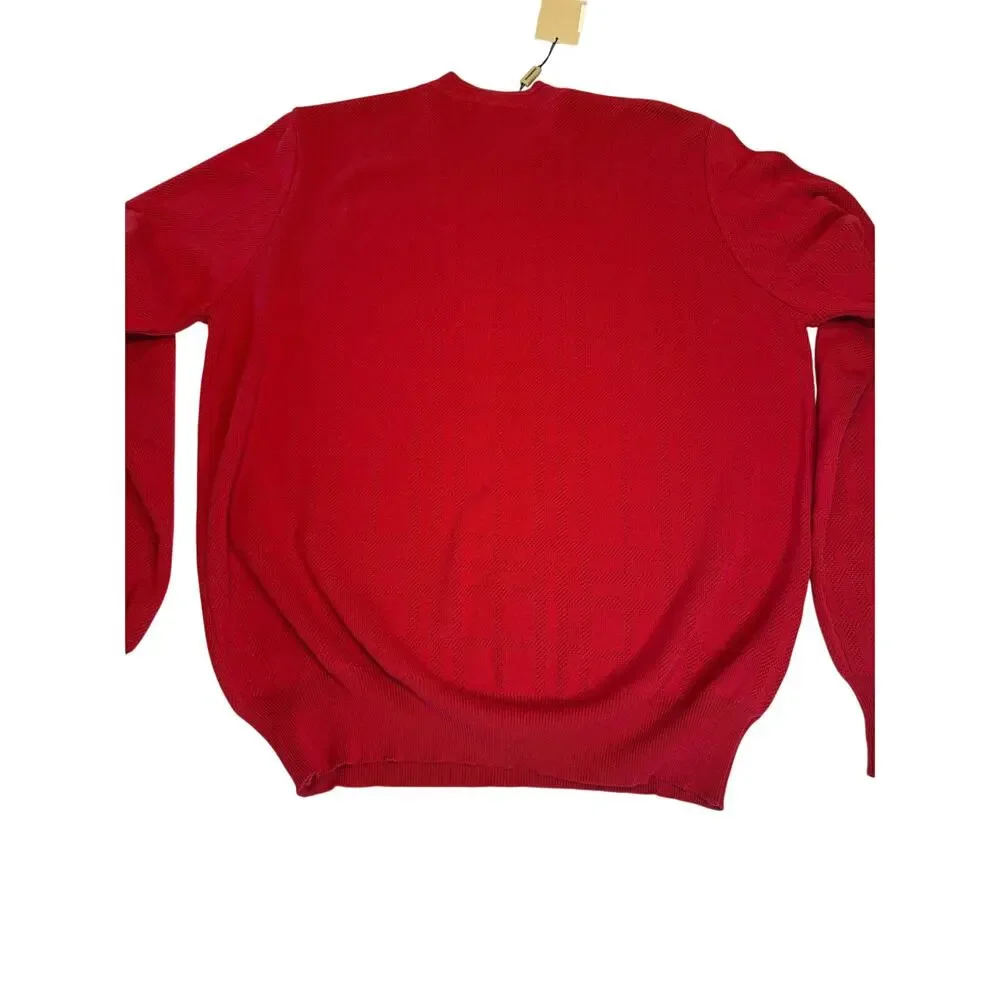 Burberry Brit Mens L Red Tonal Jacquard Check Crewneck Pullover Cotton Sweater